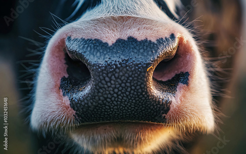  Close-Up of a Cow’s Nose with Cinematic Lighting, Detailed Texture and Nostril Features, Animal Portrait in Agricultural and Livestock Context, Rural Farm Life, Organic Farming Focus photo