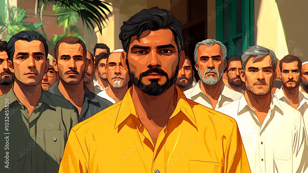 A group of men standing in a line, wearing similar clothes, looking determined. A group of men standing in a line, wearing similar clothes, looking determined.