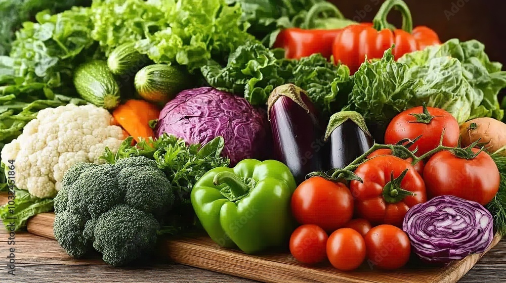 Fresh vegetables arranged on a wooden surface. Fresh vegetables arranged on a wooden surface.