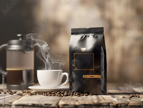 Blank Coffee Packaging and Coffee Cup with Smooking on a Rustic Wooden Table Surrounded by Roasted Beans, Perfect Mockup for Custom Coffee Branding Design and Ideal for Warm Aesthetic Dark Backgrounds photo