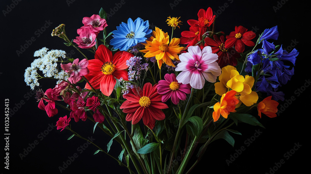 A wildflower bouquet of different colors, each bloom distinct and radiant, set against a dramatic black background, creating a vivid visual pop. A wildflower bouquet of different colors, each bloom distinct and radiant, set against a dramatic black background, creating a vivid visual pop.
