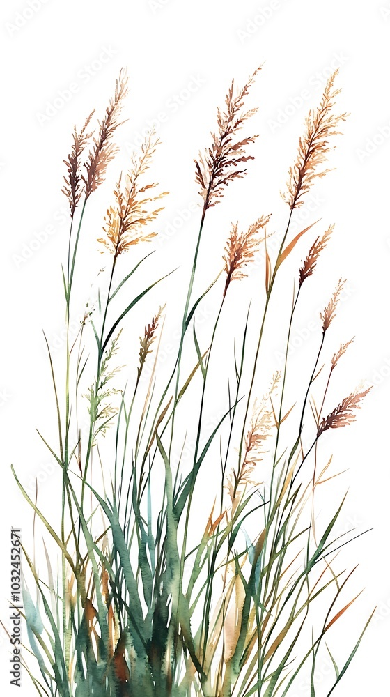 Serene Watercolor Meadow Landscape with Reeds Serene Watercolor Meadow Landscape with Reeds