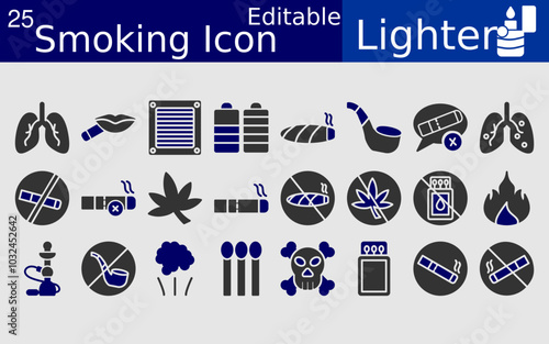 Set of 25 Smoking related to Lighter, Match, Leaf, Smoke Glyph Icon collection