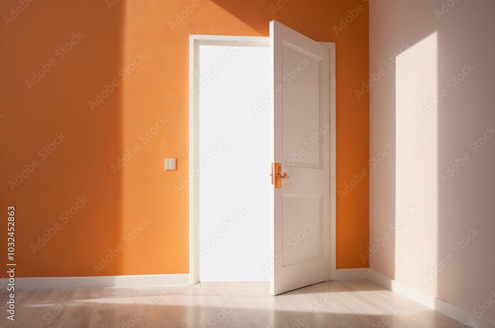 Partially open white door reveals bright space beyond Partially open white door reveals bright space beyond