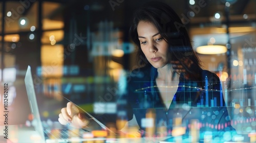 A woman is looking at a computer screen with a lot of numbers and graphs
