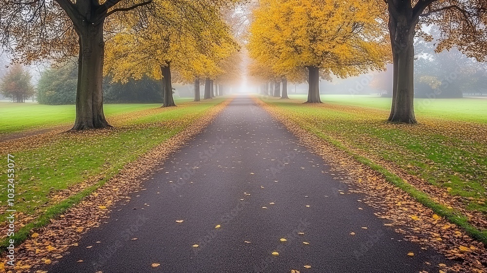 Naklejka premium A beautiful autumn scene with elegant golden leaves falling on an ethereal, foggy backdrop, capturing the essence of fall.