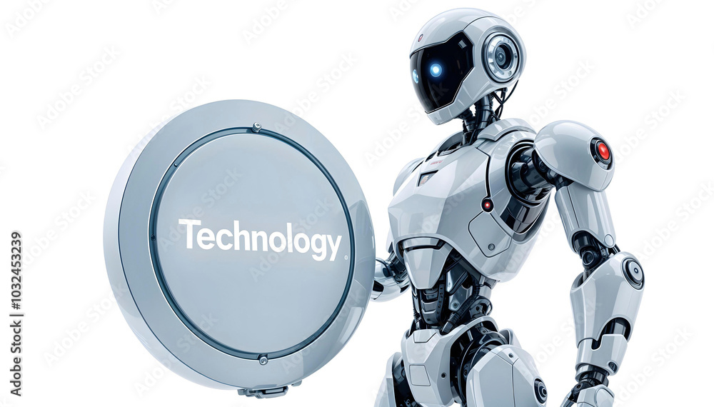 Robot holding a sign with the inscription technology. Innovation, information technology. Robot background Robot holding a sign with the inscription technology. Innovation, information technology. Robot background