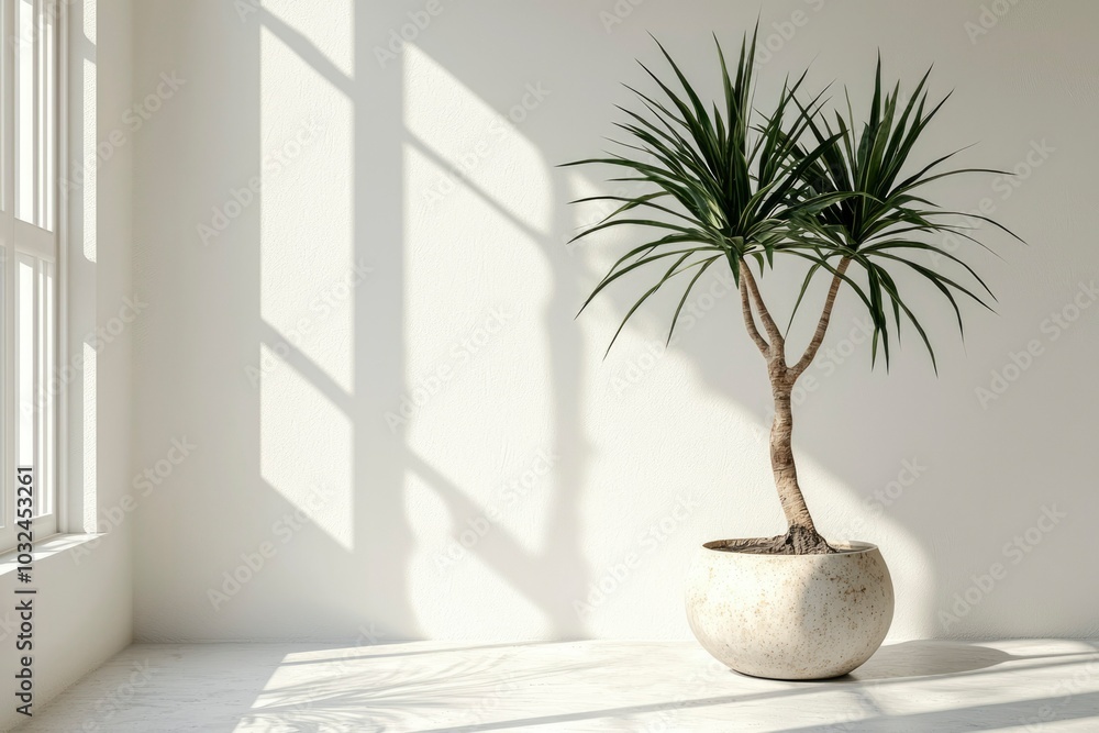 A potted plant in a minimal white interior with sunlight streaming through a window. A potted plant in a minimal white interior with sunlight streaming through a window.
