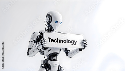 Robot holding a sign with the inscription technology. Innovation, information technology. Robot background photo