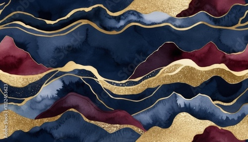 Flowing watercolor waves of deep navy and burgundy create a harmonious blend, accentuated by shimmering gold lines that evoke feelings of tranquility and luxury