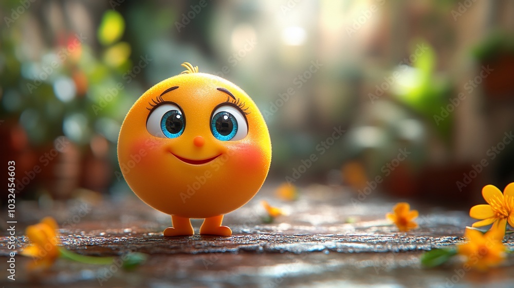 A cute yellow emoji with big blue eyes smiles happily, surrounded by flowers. A cute yellow emoji with big blue eyes smiles happily, surrounded by flowers.