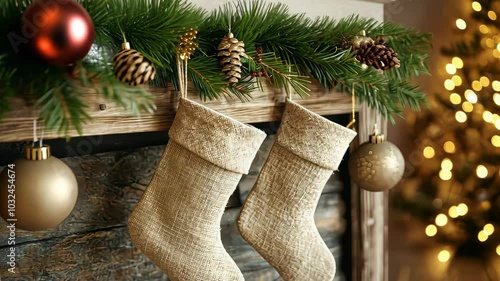 Eco-friendly Christmas scene with linen and wool stockings, natural pine branches, and wooden ornaments on a reclaimed wood mantle, softly illuminated by warm lighting. Christmas stockings, New Year