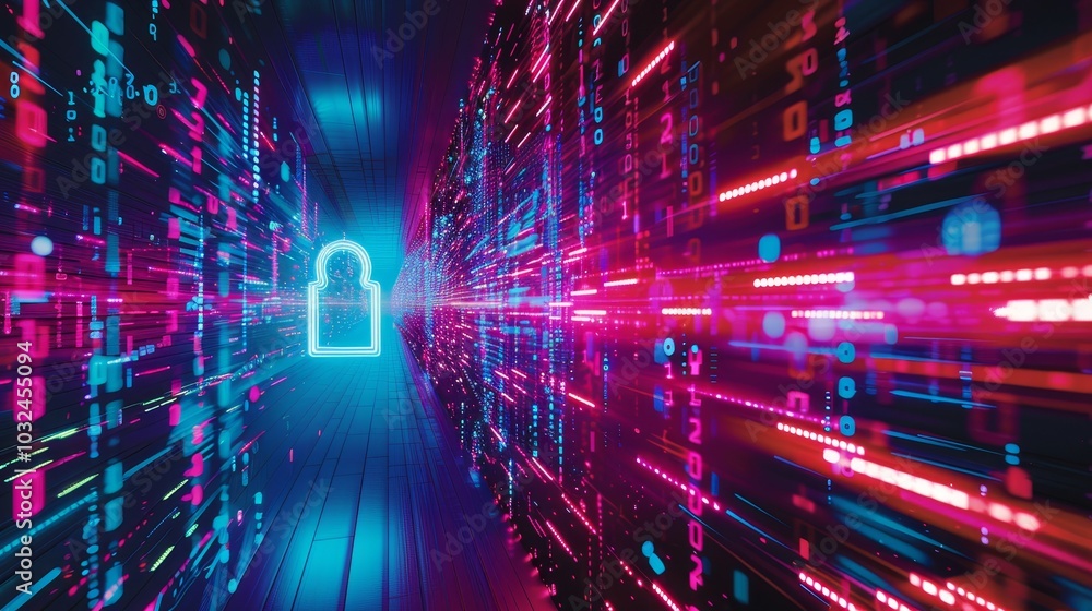 Obraz premium Neon Keyhole in a Digital Tunnel of Binary Code and Lights