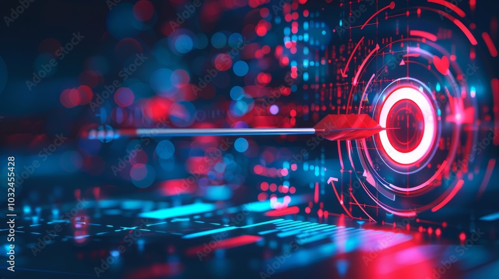 Red Arrow Piercing Digital Target with Blue and Red Bokeh Lights - A Metaphor for Digital Precision and Success Red Arrow Piercing Digital Target with Blue and Red Bokeh Lights - A Metaphor for Digital Precision and Success