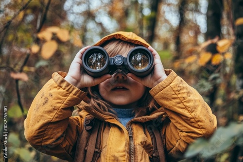 Child exploring autumn forest with binoculars in yellow jacket