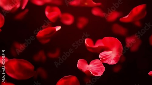 red rose petals falling against a dark background.