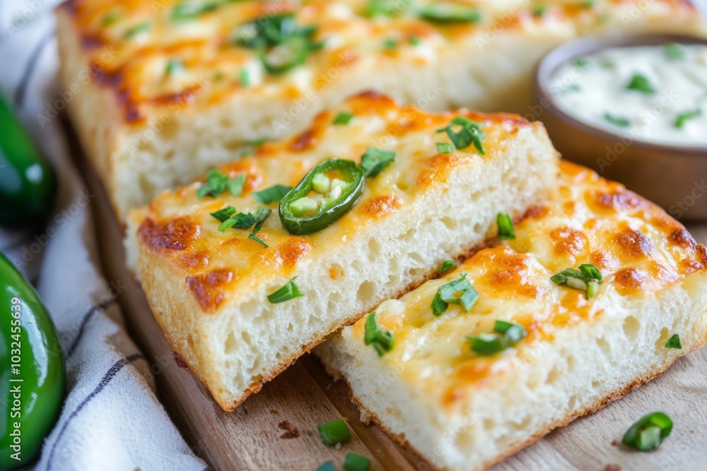 Cheesy jalapeño focaccia bread with green onions and creamy dip Cheesy jalapeño focaccia bread with green onions and creamy dip