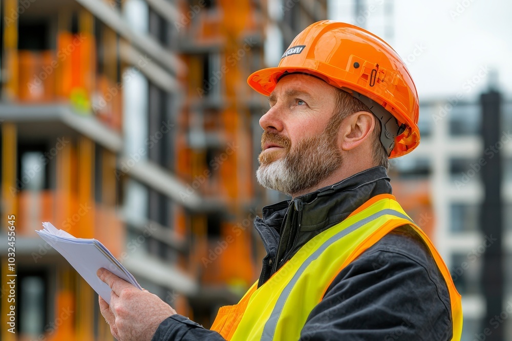 Fototapeta premium Construction engineer conducts onsite inspection of building plans for ongoing project development