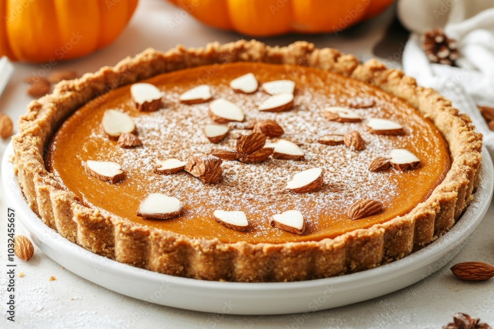 Homemade pumpkin pie topped with almonds and powdered sugar for a cozy autumn dessert Homemade pumpkin pie topped with almonds and powdered sugar for a cozy autumn dessert