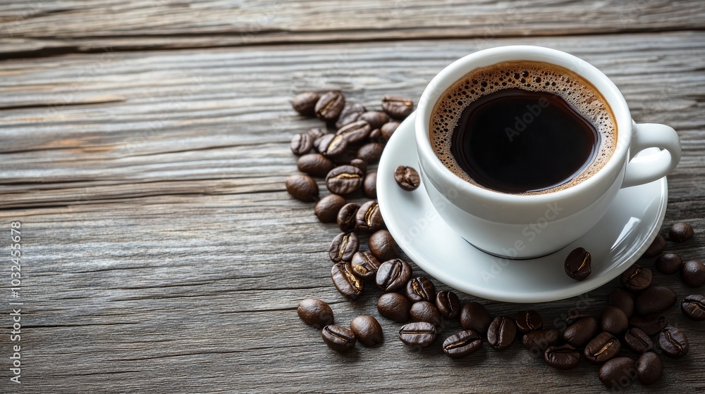 A white cup of black coffee on a wooden table with coffee beans scattered around it. A white cup of black coffee on a wooden table with coffee beans scattered around it.