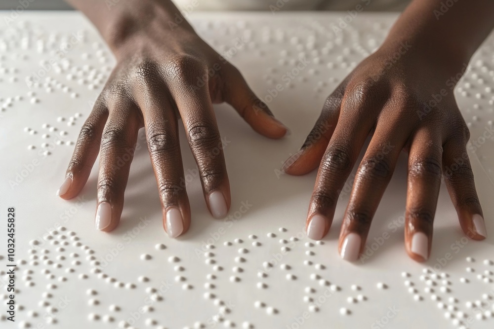 Hands exploring tactile braille dots on a white surface for accessibility awareness Hands exploring tactile braille dots on a white surface for accessibility awareness