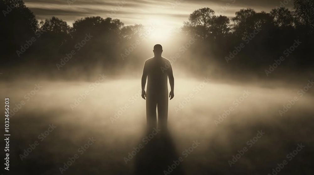 A man stands in a field of fog with the sun setting behind him. A man stands in a field of fog with the sun setting behind him.