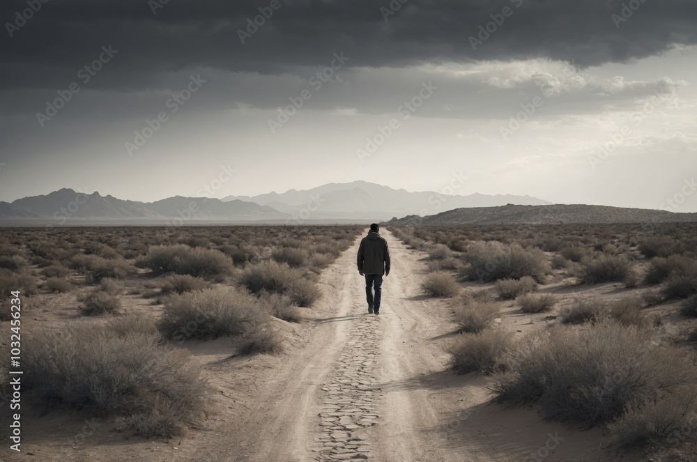 Solitary figure walking dusty road in desolate desert landscape