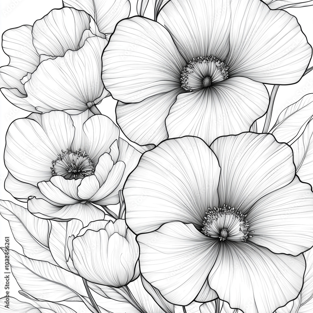 Fototapeta premium Detailed outline drawing of poppy flowers and buds with leaves, perfect for coloring pages and floral design projects