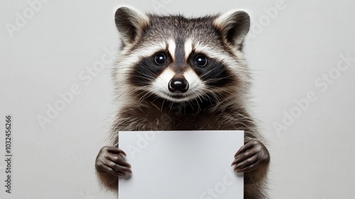 A cheerful raccoon holds a blank sign, perfect for adding personalized messages or promotions, in a fun and creative setting. photo