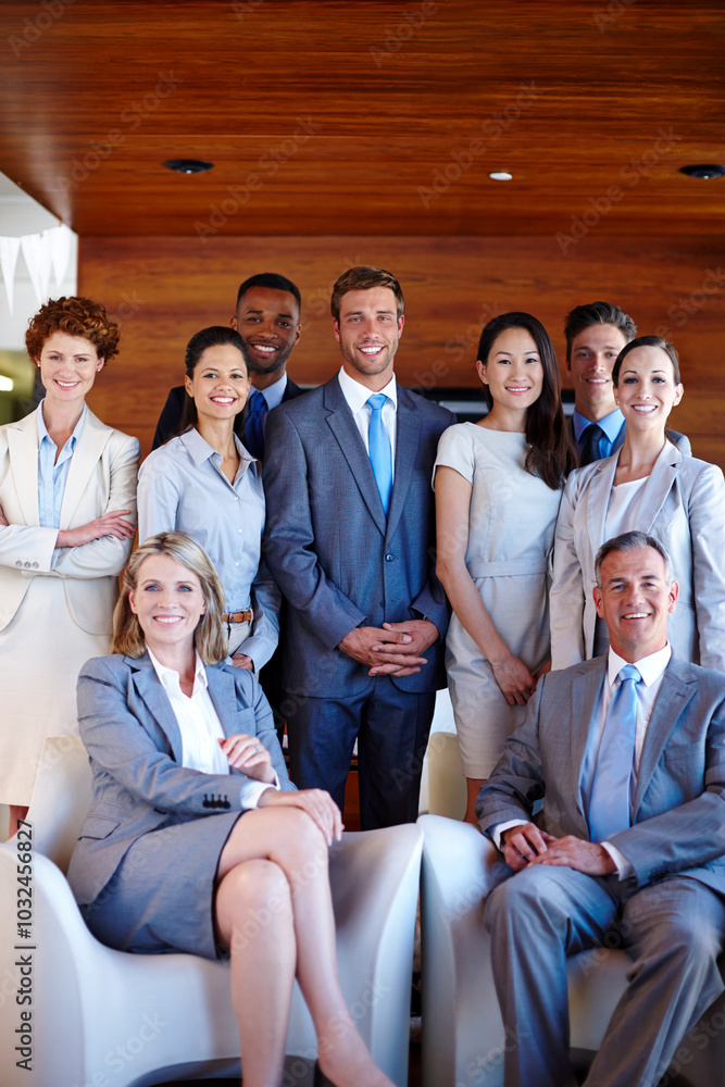 Portrait, leadership and group of business people in office together with diversity, smile and solidarity. About us, support and happy team with confidence, pride and management at corporate agency Portrait, leadership and group of business people in office together with diversity, smile and solidarity. About us, support and happy team with confidence, pride and management at corporate agency