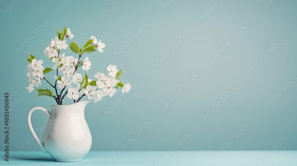 A white pitcher with a sprig of white cherry blossoms sits on a blue table against a blue background. A white pitcher with a sprig of white cherry blossoms sits on a blue table against a blue background.