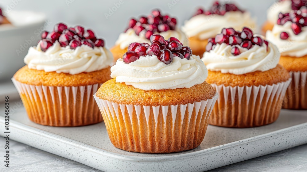 Delicious cupcakes topped with creamy frosting and pomegranate seeds, arranged neatly on a plate, perfect for celebrations or dessert lovers. Delicious cupcakes topped with creamy frosting and pomegranate seeds, arranged neatly on a plate, perfect for celebrations or dessert lovers.