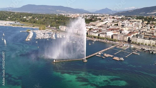 Drone footage of the Jet d'Eau (Water-Jet)  fountain in Geneva, Switzerland photo