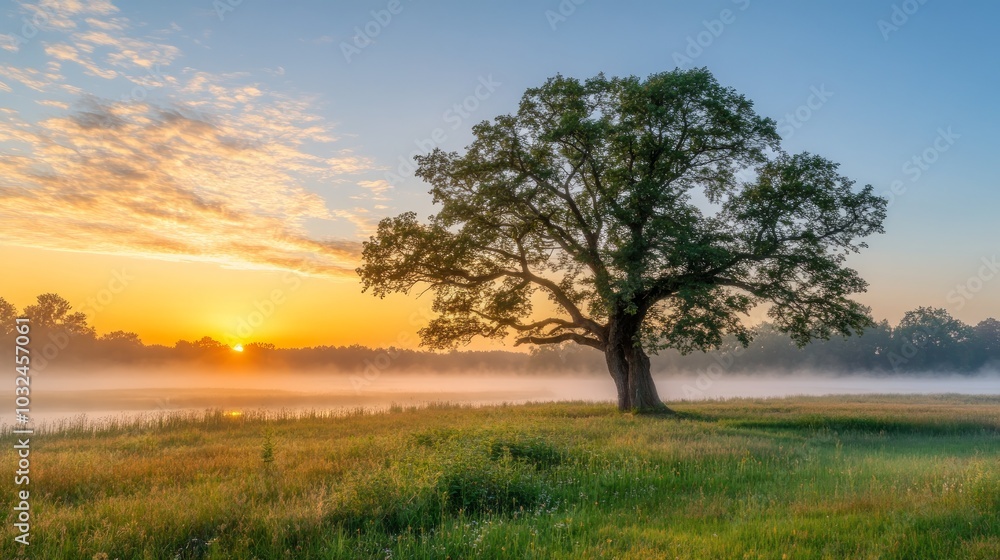 A serene landscape featuring a solitary tree at sunrise over a misty field. A serene landscape featuring a solitary tree at sunrise over a misty field.
