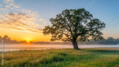 A serene landscape featuring a solitary tree at sunrise over a misty field.