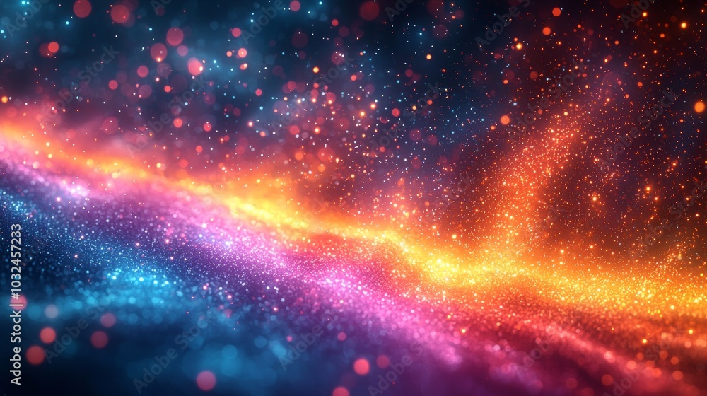 Abstract background formed by a magical display of sparkling particles, creating a mesmerizing bokeh effect with a wave of vibrant colors Abstract background formed by a magical display of sparkling particles, creating a mesmerizing bokeh effect with a wave of vibrant colors