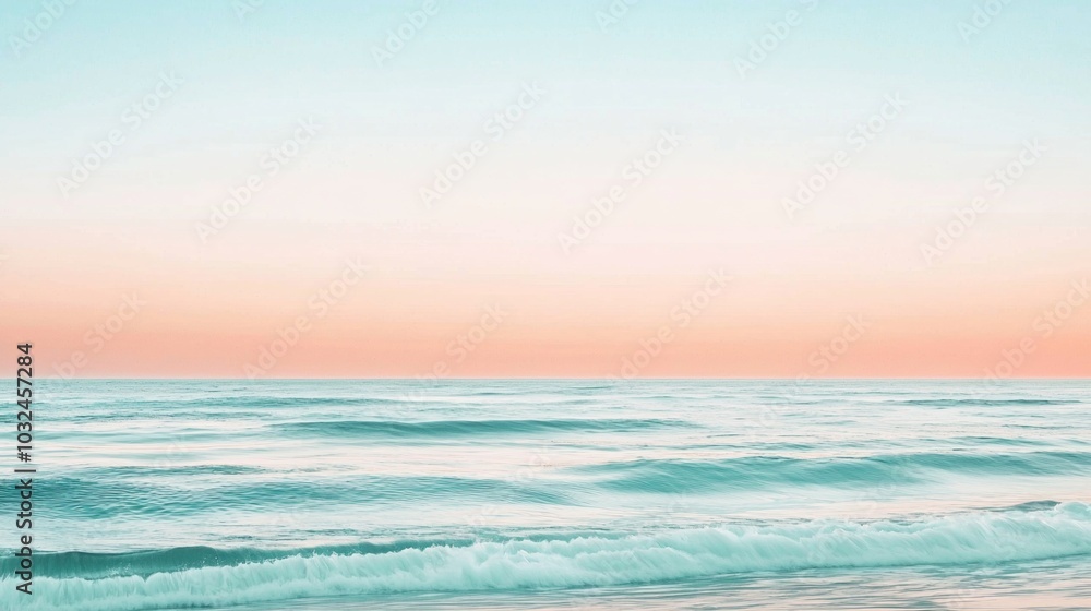 Sun setting over beach, waves gently rolling in, painting sky with pastel colors. Tranquil ocean meeting horizon creates peaceful atmosphere, ideal for calming evening by water Sun setting over beach, waves gently rolling in, painting sky with pastel colors. Tranquil ocean meeting horizon creates peaceful atmosphere, ideal for calming evening by water