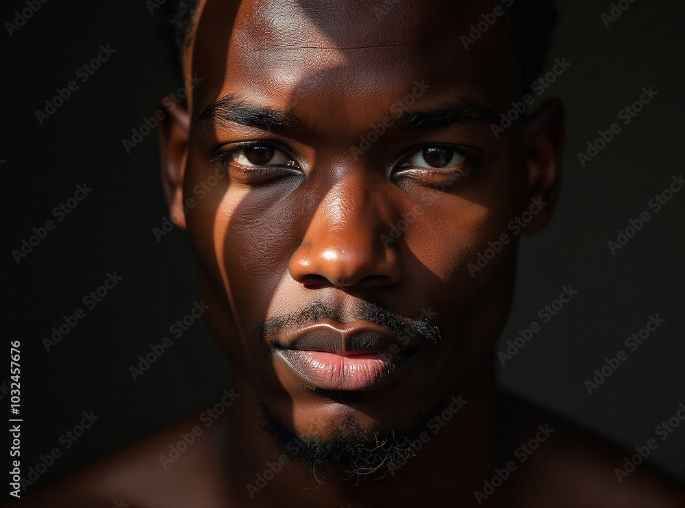 Young african man with striking shadows on his face. Young african man with striking shadows on his face.