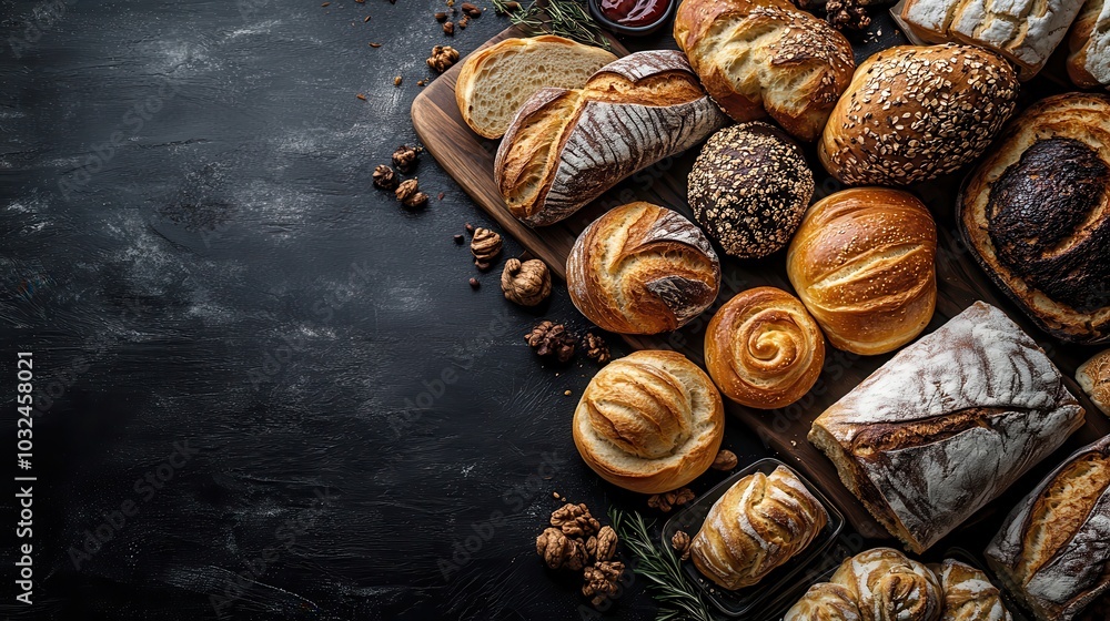 Assorted artisanal bread and pastries on a rustic wooden board, featuring a variety of textures and flavors against a dark background. Assorted artisanal bread and pastries on a rustic wooden board, featuring a variety of textures and flavors against a dark background.