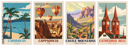 Cathedral Bell Towers Zurich, Castle Mountains National Monument, Cappadocia, Turkey, Caribbean Island landscape. Vintage Travel Poster. Vector illustration. High quality prints