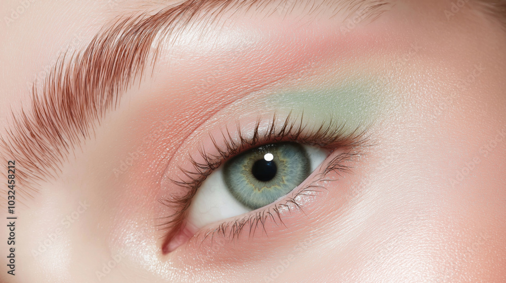 Obraz premium Woman with blue eyes applies green eyeshadow, showcasing beauty and cosmetics. The close-up shot highlights precise makeup application, emphasizing skincare and wellness for a glamorous look
