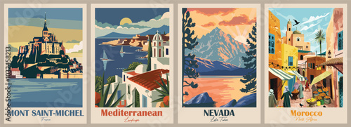 Mediterranean romantic landscape, Nevada, Lake Tahoe, United States, Mont Saint-Michel, Normandy, France, Morocco. Vintage Travel Poster. Vector illustration. High quality prints