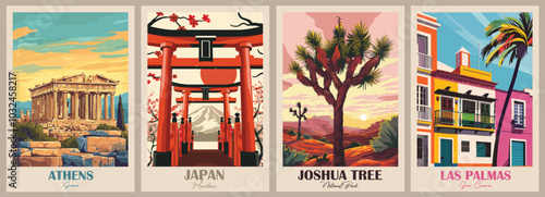 Las Palmas, Gran Canaria, Canary Islands, Joshua Tree National Park, Japan, Mountain, Greece, Athens, Vintage Travel Poster. Vector illustration. High quality prints