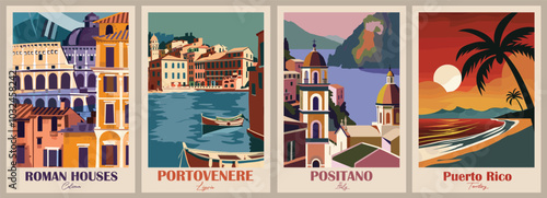 Portovenere, Liguria, Italy, Positano, Italy, Puerto Rico, Territory, Roman houses, Coliseum. Vintage Travel Poster. Vector illustration. High quality prints