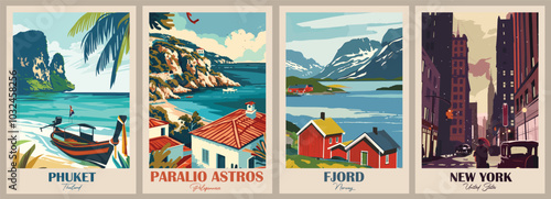 Phuket, Thailand, Fjord, Lofoten islands, Norway, New York, United States, Paralio Astros, Peloponnese, Greece. Vintage Travel Poster. Vector illustration. High quality prints
