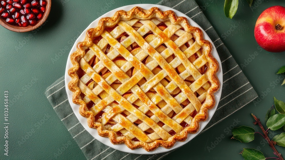 A beautifully baked apple pie with a lattice crust, surrounded by fresh apples and cranberries on a green background. A beautifully baked apple pie with a lattice crust, surrounded by fresh apples and cranberries on a green background.
