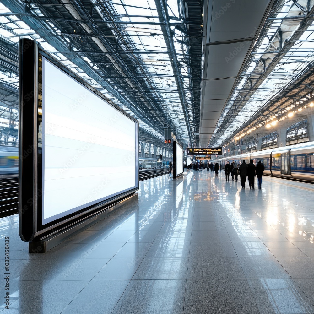 Fototapeta premium Modern train station with bright advertising spaces, people walking, and sleek architecture, creating a dynamic travel atmosphere.