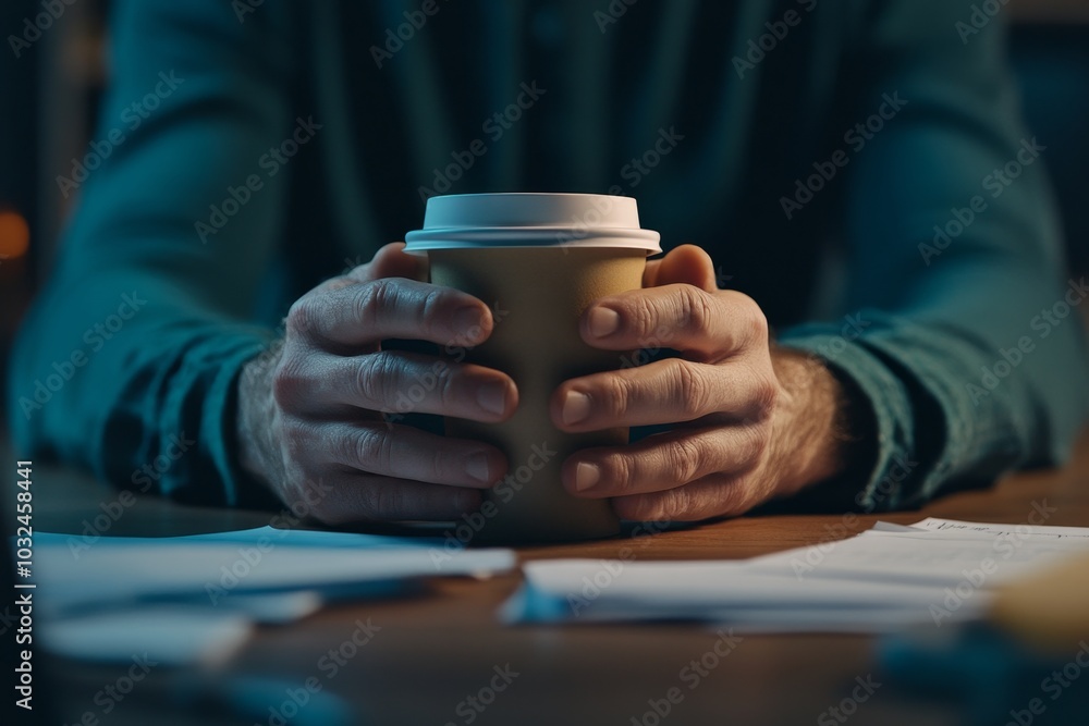 The comfort of a warm coffee cup capturing the moment of reflection and relaxation The comfort of a warm coffee cup capturing the moment of reflection and relaxation