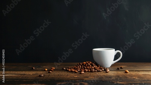 A white coffee cup with a pile of coffee beans on a wooden table