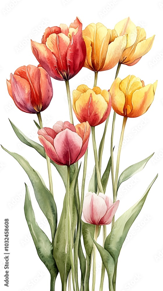 Vibrant Watercolor Painting of Blooming Tulips Vibrant Watercolor Painting of Blooming Tulips